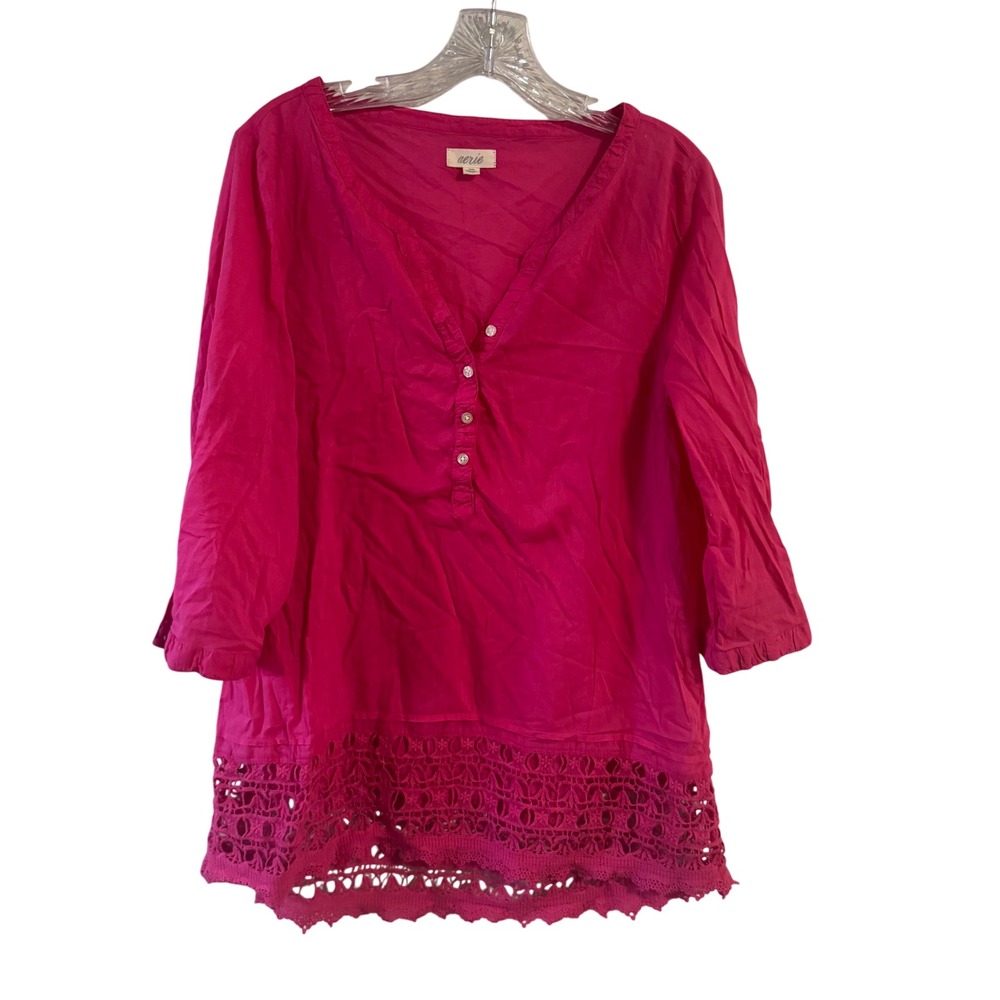 Aerie Women's Pink Cotton Crochet Trim‎ Top 3/4 Sleeve Size M